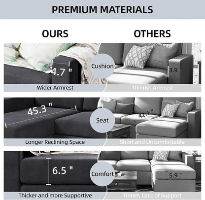 Convertible Sectional Sofa Couch, Modern Linen Fabric L-Shaped , 3-Seat Sofa Sectional with Reversible Chaise for Living Room