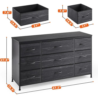 Commode TV avec tiroirs, centre de divertissement avec 9 tiroirs, table console multimédia pour console TV 60 '' pour chambre à coucher, robuste