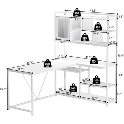 Bureau d'ordinateur en forme de L, bureau de 58 pouces avec lumière LED et étagère, en forme de L avec étagères de rangement pour bureau à domicile