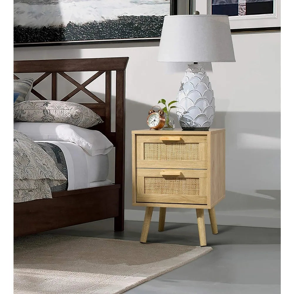 Night Stand Set of 2, Nightstand with 2 Hand Made Rattan Decorated Drawers, Wood Accent Table with Storage for Bedroom, Natural