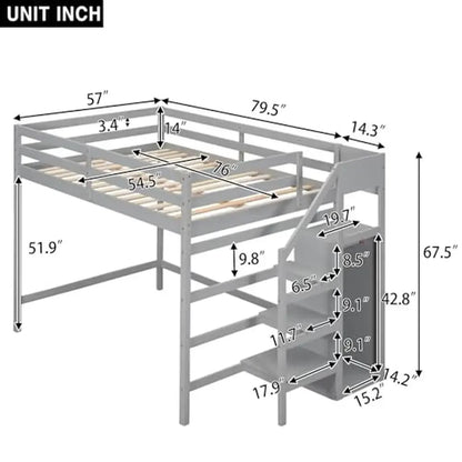 Full Size Loft Bed with Storage Wardrobe and Staircase High Load Capacity Wooden Loft Bed Frame Kids Girls Boys Bedroom Grey