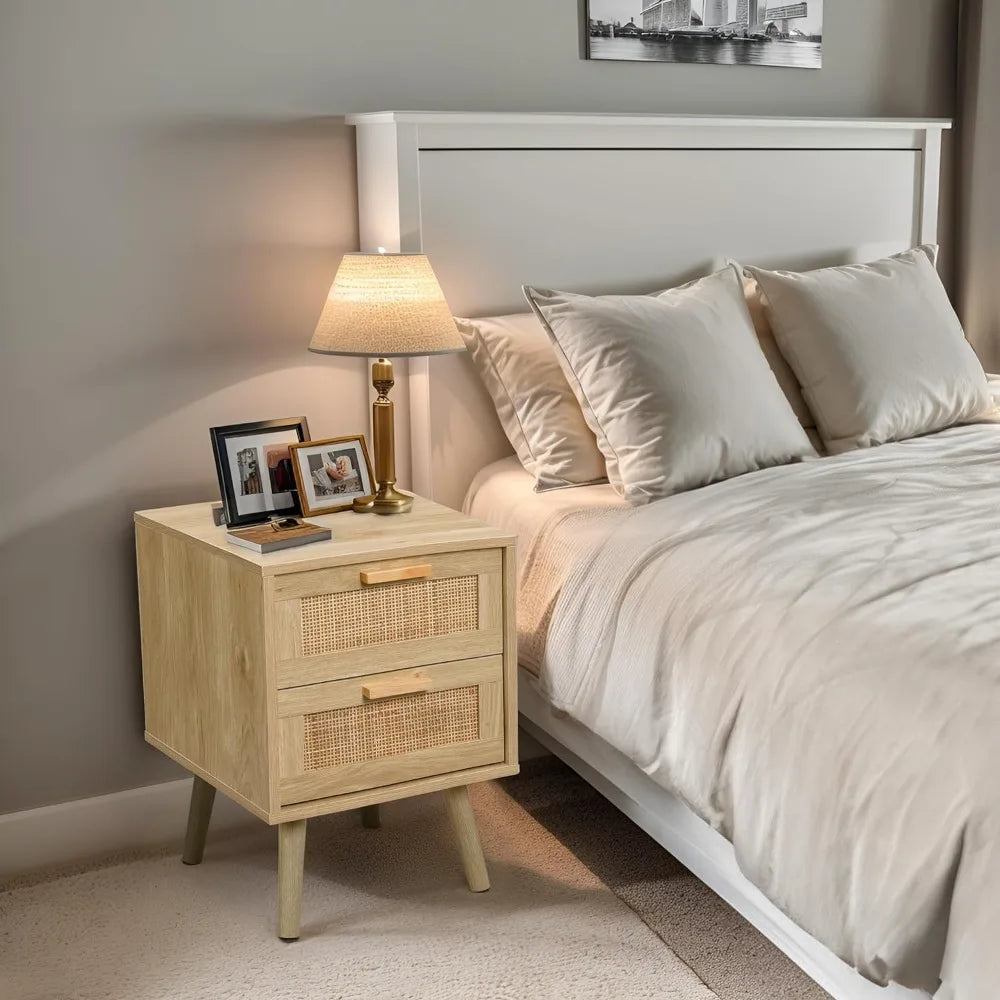 Ensemble de 2 tables de nuit, table de nuit avec 2 tiroirs en rotin faits à la main, table d'appoint en bois avec rangement pour chambre à coucher, naturel