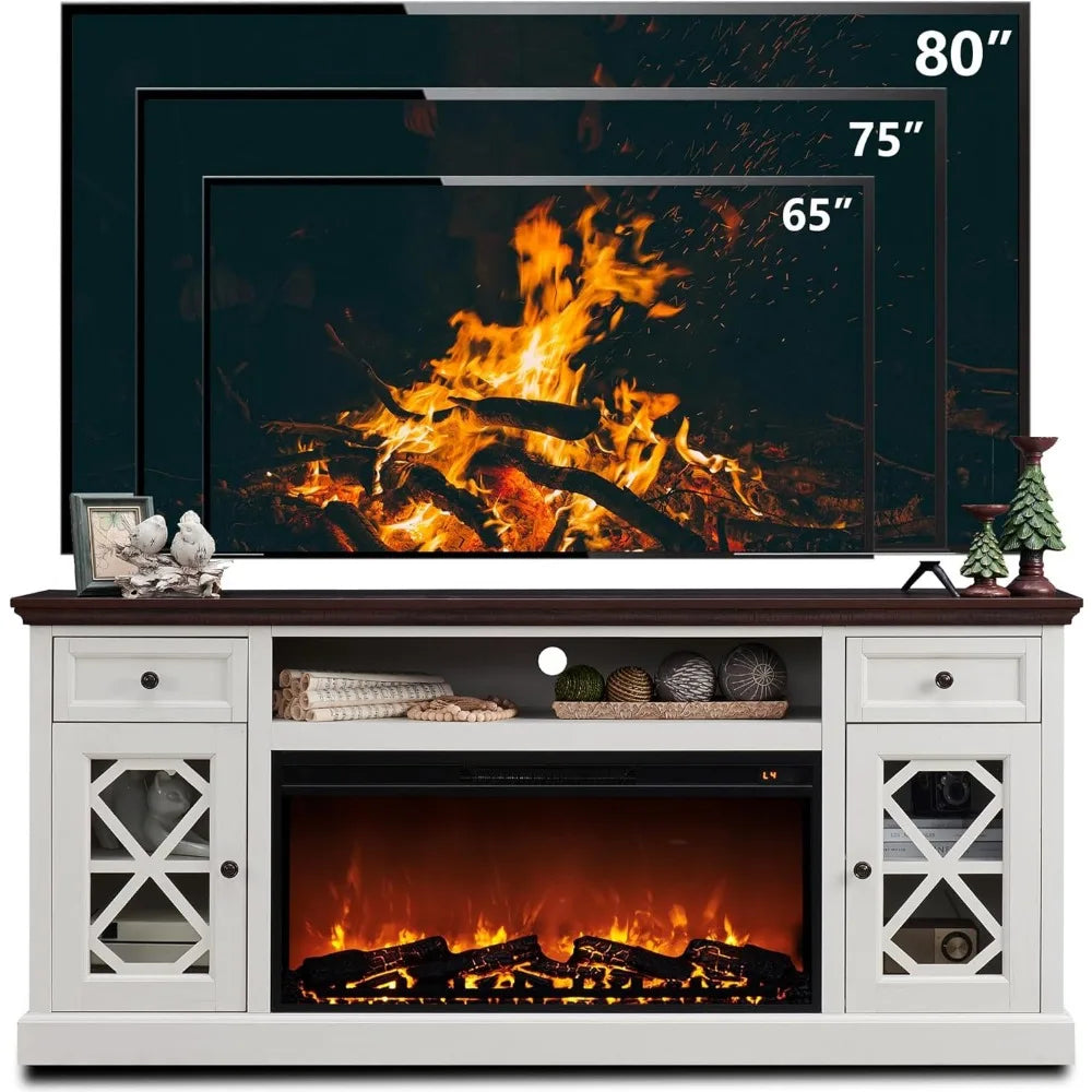 Farmhouse Fireplace TV Stand with 36" Electric Fireplace for 80 Inch TVs, 31" Tall Entertainment Center w/Drawer