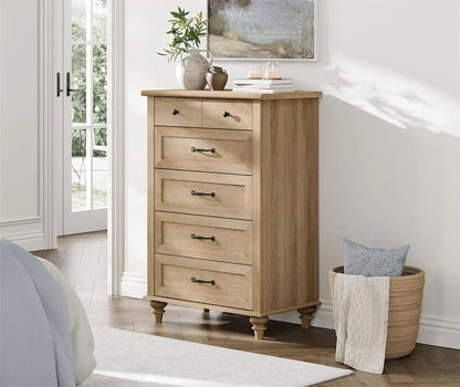 Oak Dresser for Bedroom with 5 Drawers, Tall Kids Dressers with Wide Chest of Drawers, Wooden Closet Storage Organizer