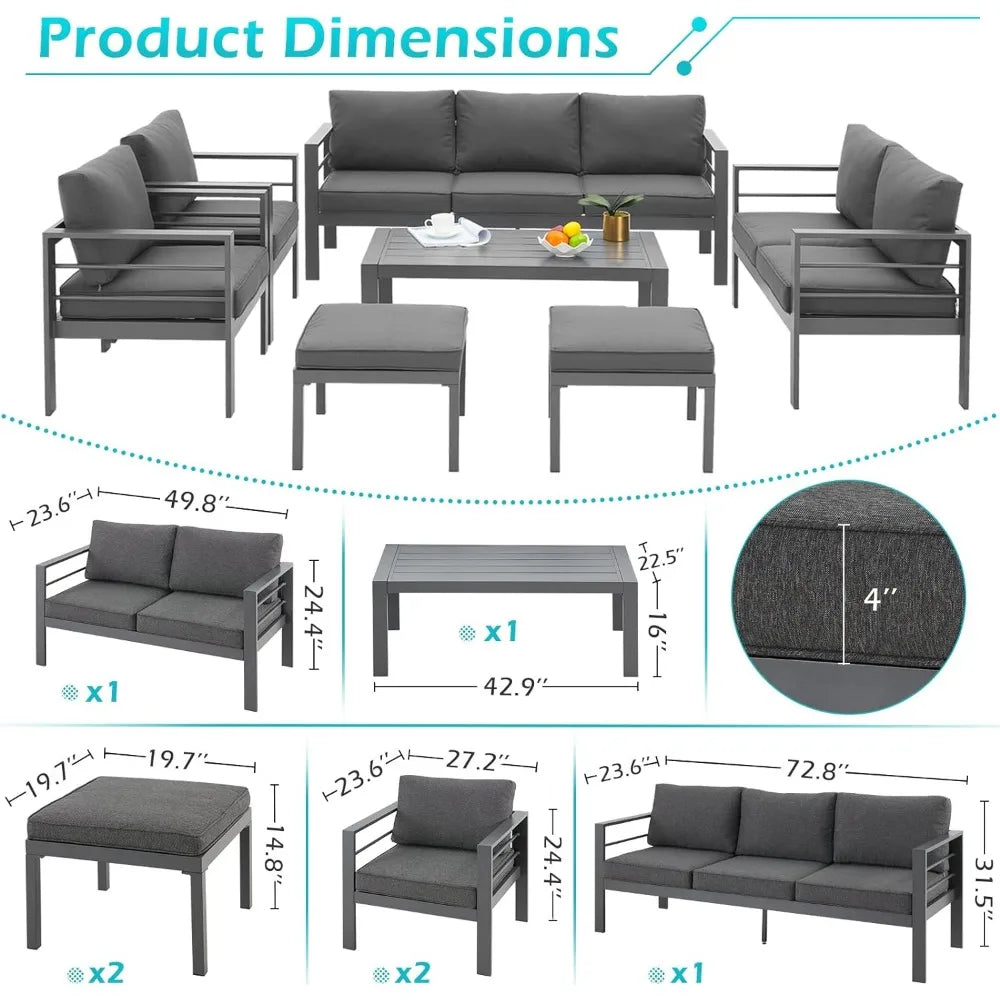 Aluminium Patio Furniture Set, Modern Outdoor Patio Furniture with Coffee Table, Set of 7 with Grey Cushions，Light Grey