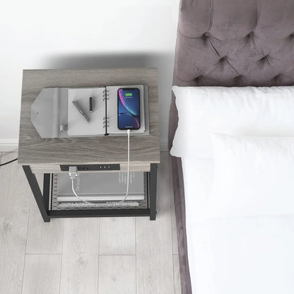 Set of 2 Gray Bedroom Nightstand w/Charging Station Modern Side Table End Table