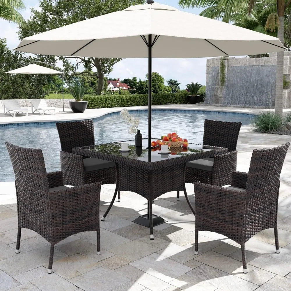 Wicker Patio Furniture Set of 12 Rattan Chairs With Soft Cushions and Two Square Table With Umbrella Cutout Dining Room Sets