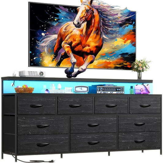 55" W Dresser for Bedroom with 10 Drawers Dresser with LED Lights & Power Outlets Dressers & Chests of Drawers Charcoal Black