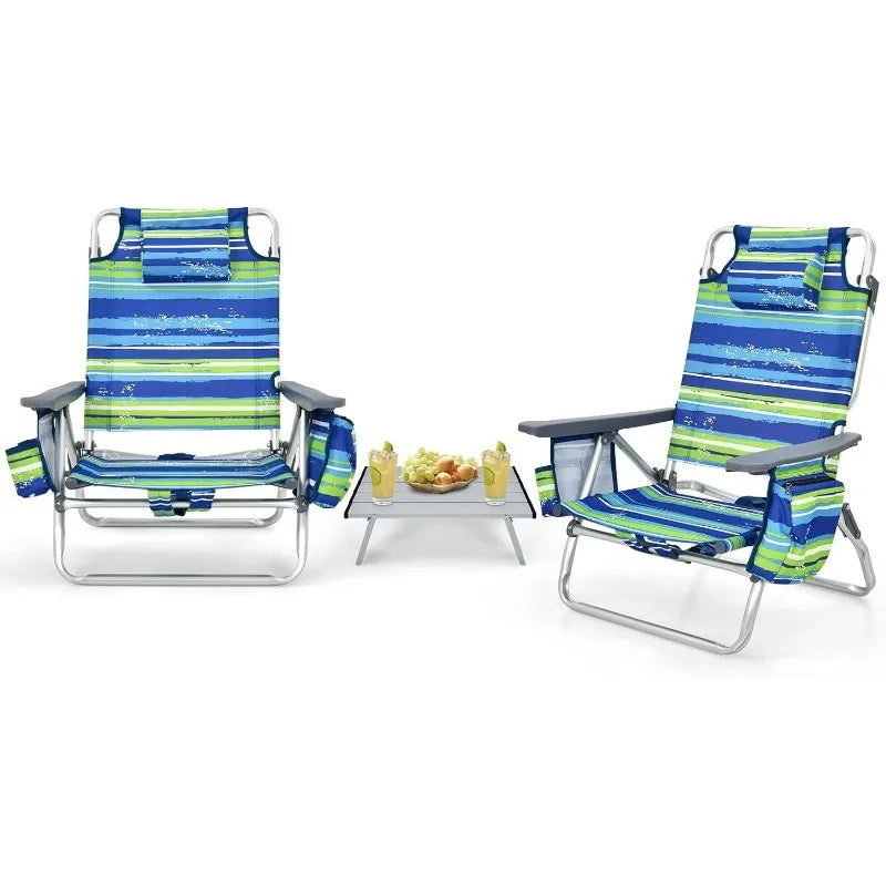 Chaise de plage à dos avec table, chaises de camping à plat à 5 positions avec sac isotherme, 2 porte-gobelets, barre porte-serviettes