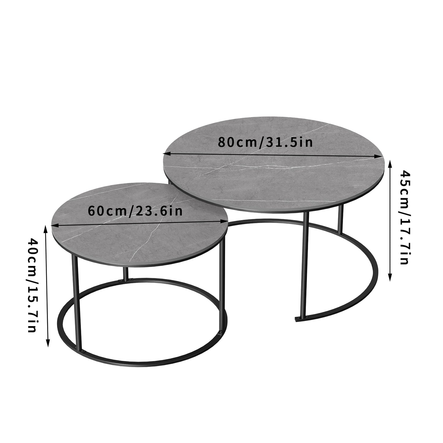 Ensemble de table basse ronde moderne en marbre gris avec plateau en pierre frittée et pieds en métal