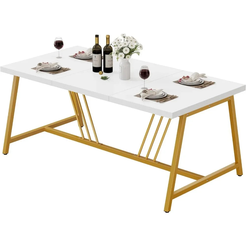 Table de salle à manger de cuisine rectangulaire blanche avec pieds en métal géométrique doré 70,9'' Grande table à manger moderne pour 6 à 8 personnes