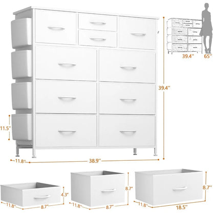 10 Drawer Dresser, Chest of Drawers for Bedroom, PU Dresser with Side Pockets, Hooks, Wooden Top and Sturdy Metal Frame