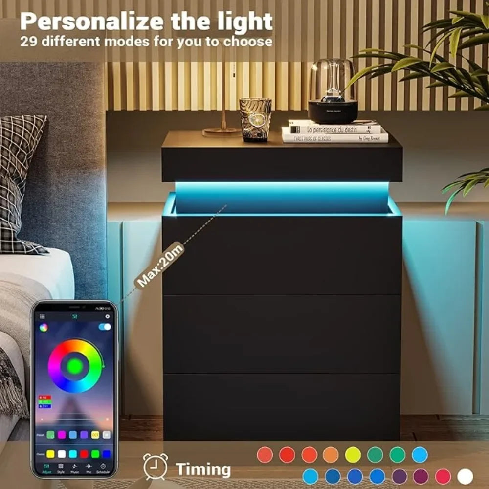 LED Bedside Table With 3 Bedroom Drawers 16-color Lights and 2 AC and 2 USB Ports Bedside Tables for the Bedroom Nightstands