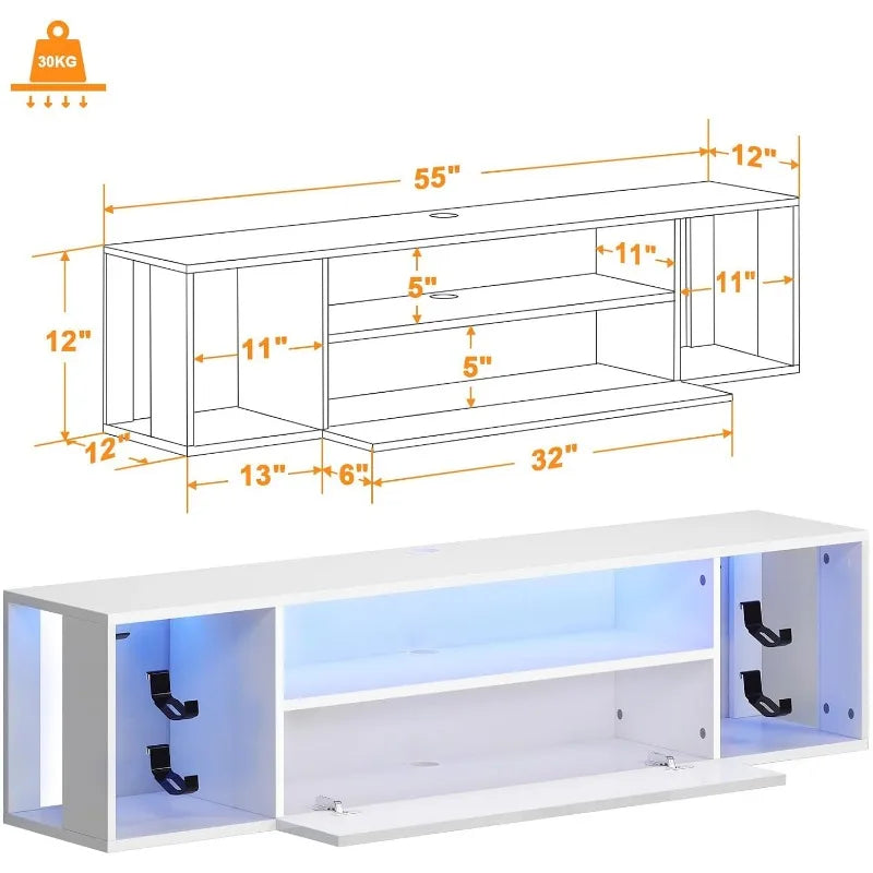 Meuble TV mural flottant de 55,1 pouces avec lumières LED, meuble TV mural avec 3 étagères de rangement, centre de divertissement moderne