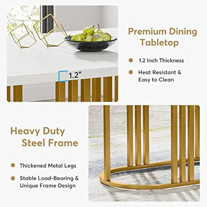 Dining Table for 6, 71” Modern Kitchen Table, Rectangular Dining Room Table with Heavy Duty Metal Frame (White/Gold)