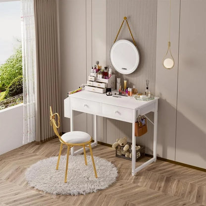 Petit bureau blanc avec tiroirs - pour chambre à coucher, bureau d'ordinateur de bureau à domicile de 32 pouces avec tiroir de rangement en tissu et sac, étude et écriture