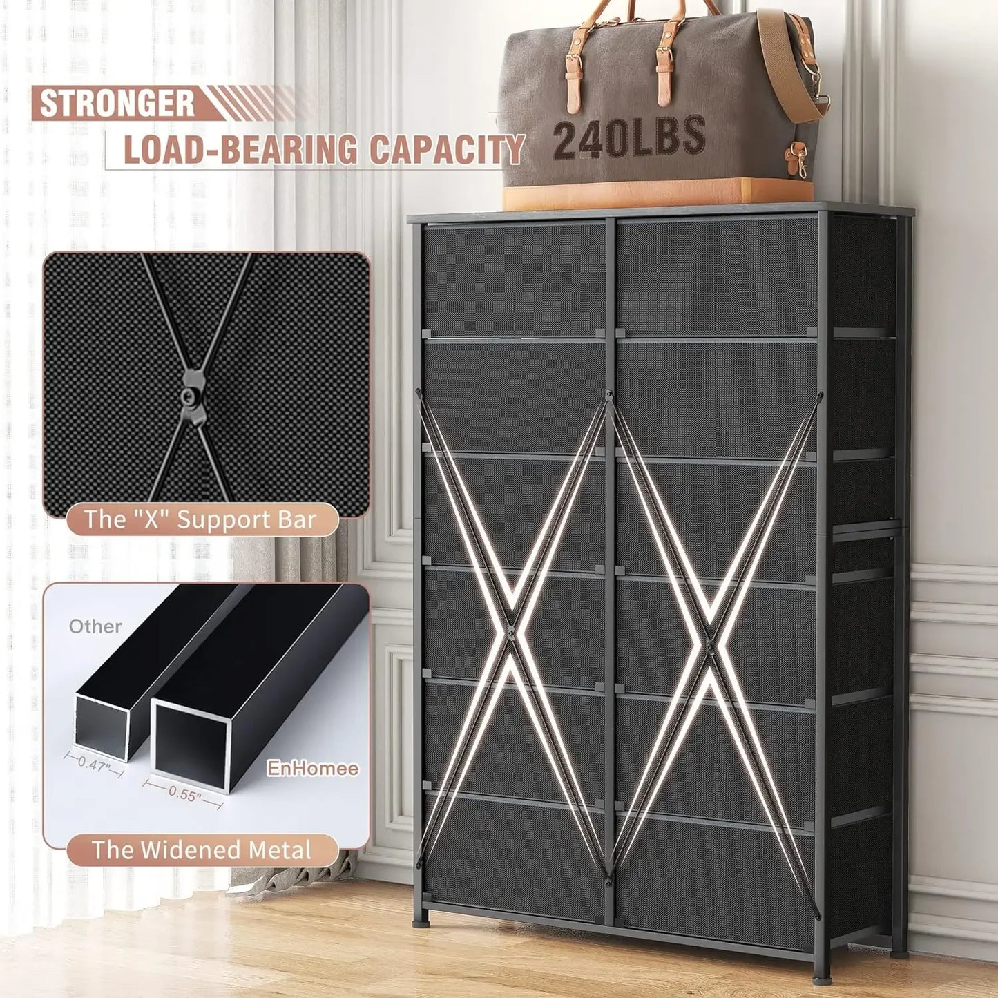 Drawer Dresser, Tall Dressers for Bedroom with Wooden Top and Metal Frame, Dresser & Chest for Bedroom, Closet Living Room