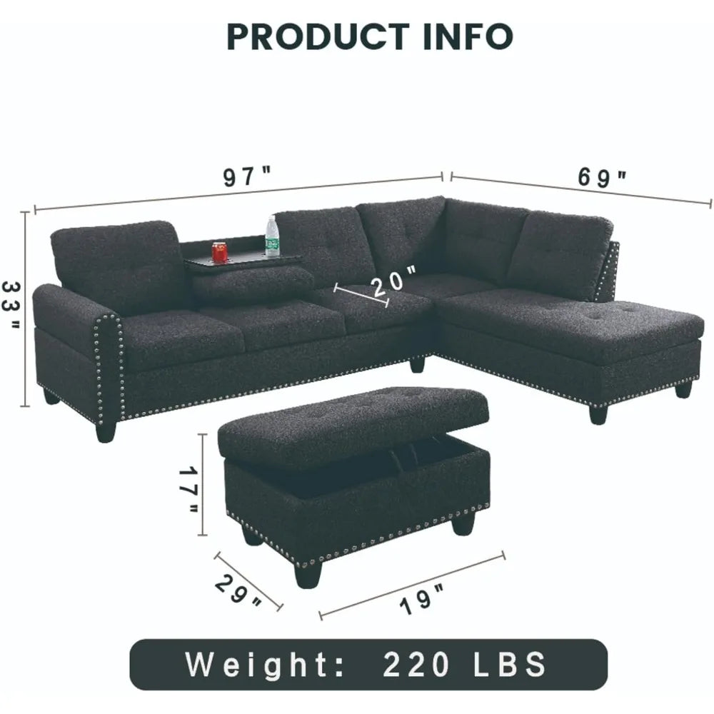 L Shaped Sofa Modern Sectional Couches for Living Room, Bedroom, Office, Dark Grey with Right Chaise