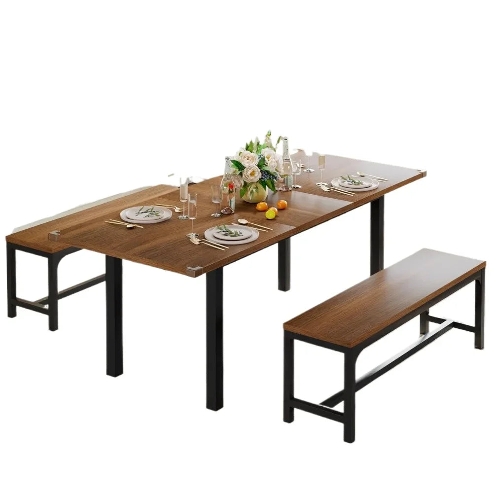 Ensemble de table à manger de 63 po pour 4 à 6 personnes, table de salle à manger extensible avec 2 bancs, table de cuisine 3 pièces pour petit espace, facile à nettoyer, noyer