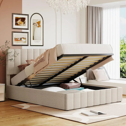 Plataforma de almacenamiento elevable, estructura de cama tapizada con cabecera capitoné, soporte de listones de madera y espacio de almacenamiento debajo de la cama