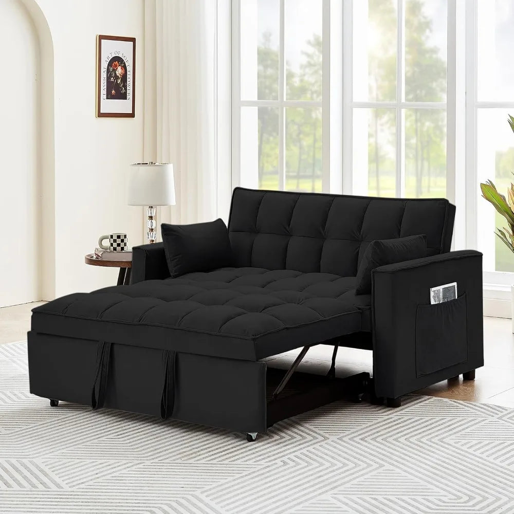 Convertible Sleeper Sofa Bed, Velvet Tufted Loveseat Couch with Pull Out Bed with 2 Pillows, Living Room Sofa