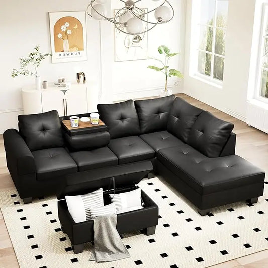 Faux Leather/Linen Fabric Sectional Sofa Couch, Modern L-Shaped Modular Couch Upholstered 3/6 Seaters Living Room Sofa Couch