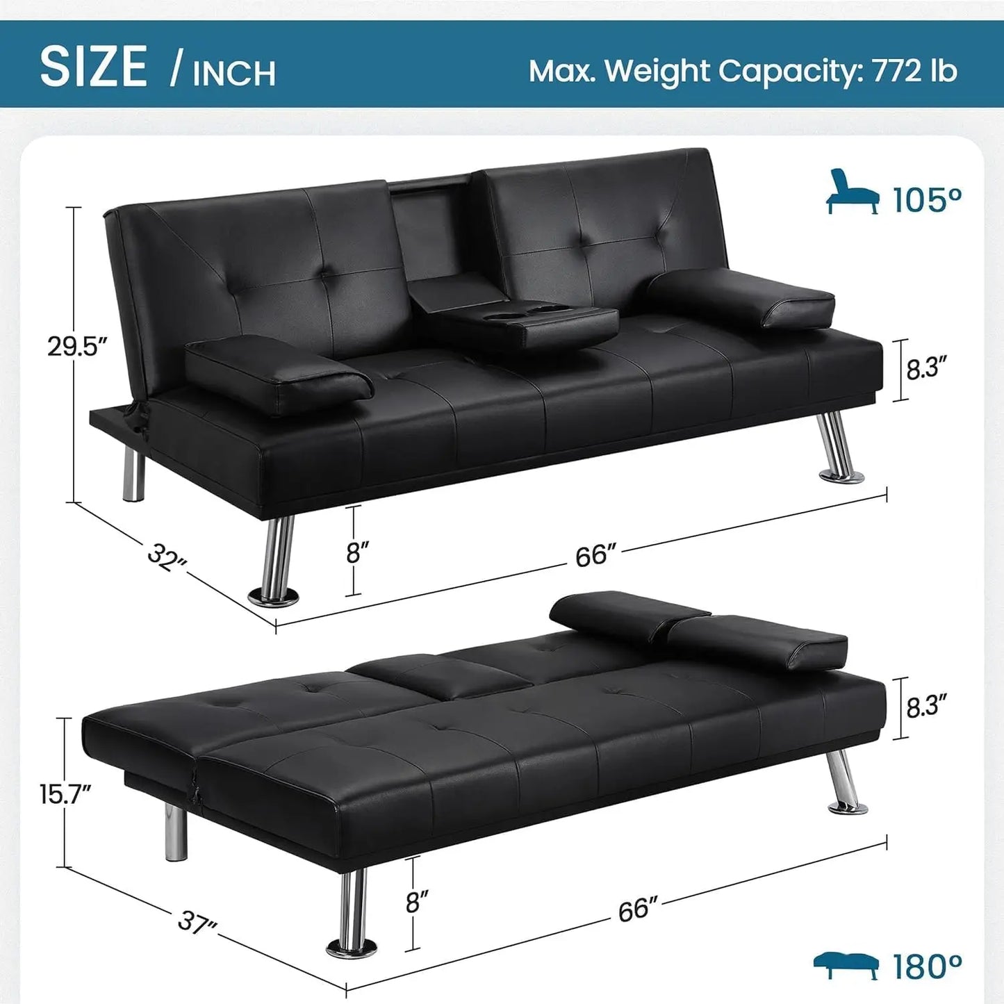 Sofá cama convertible tipo futón para sala de estar, moderno sofá cama tapizado en cuero sintético con apoyabrazos extraíbles