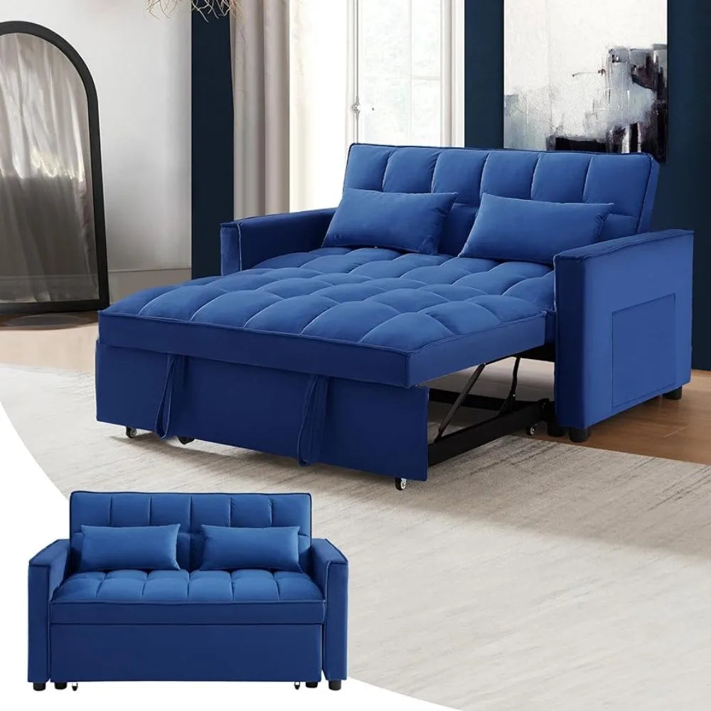 Sofa Bed Convertible 3-in-1 Multi-Functional Velvet Pull-Out Sofa Bed, 55'' Loveseat Adjustable Backrest and Pillows, Blue Couch