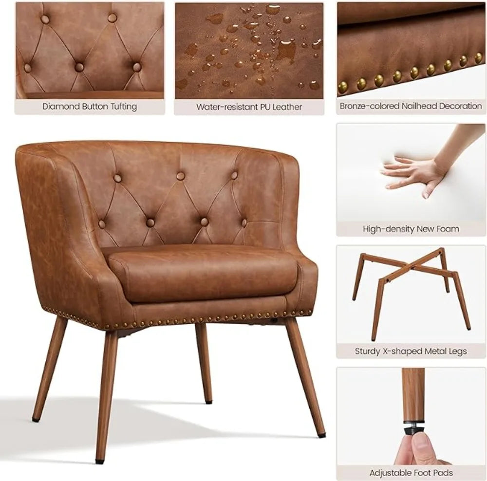 PU Leather Retro Armchair, Upholstered Barrel Chair with Metal Leg and Comfy Seat Cushion for Living