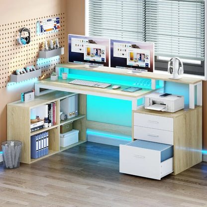 Bureau en L avec prises de courant, lumières LED et classeur, bureau d'angle pour ordinateur de 65 pouces, bureau à domicile avec support pour moniteur