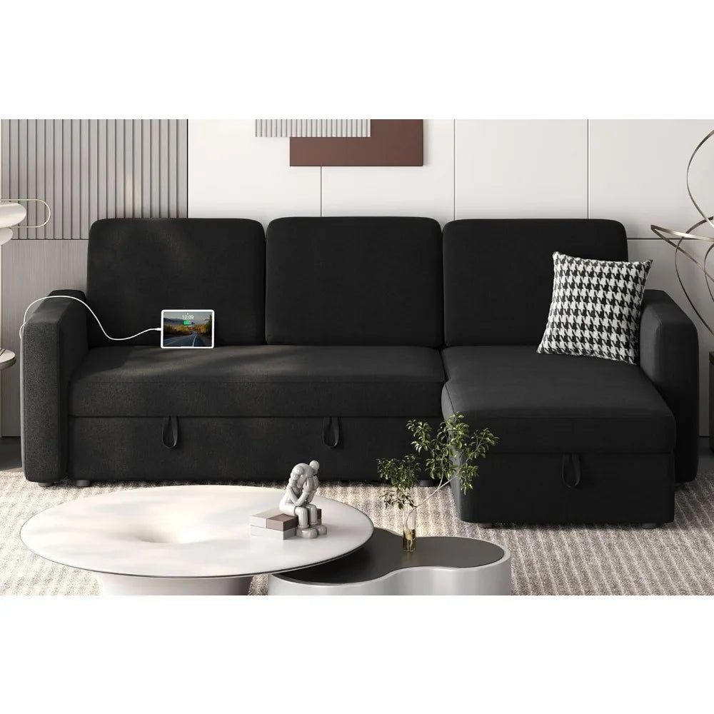 Sectional Sofa L-Shaped Sofa Couch Bed w/Chaise & USB, Reversible Couch Sleeper w/Pull Out Bed & Storage Space, Pull Out Couch