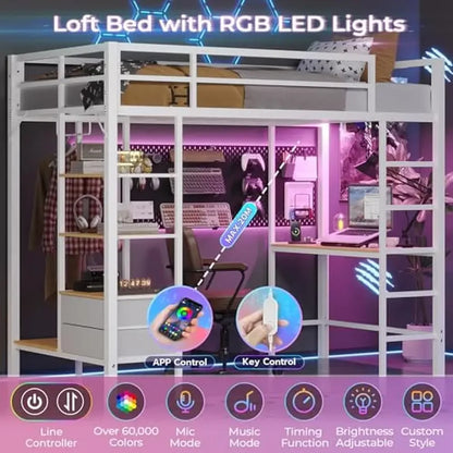 Lit mezzanine double en métal avec bureau, station de charge, lumières LED, étagères de rangement, tiroirs, garde-corps, capacité de 400 lb, éclairage RVB