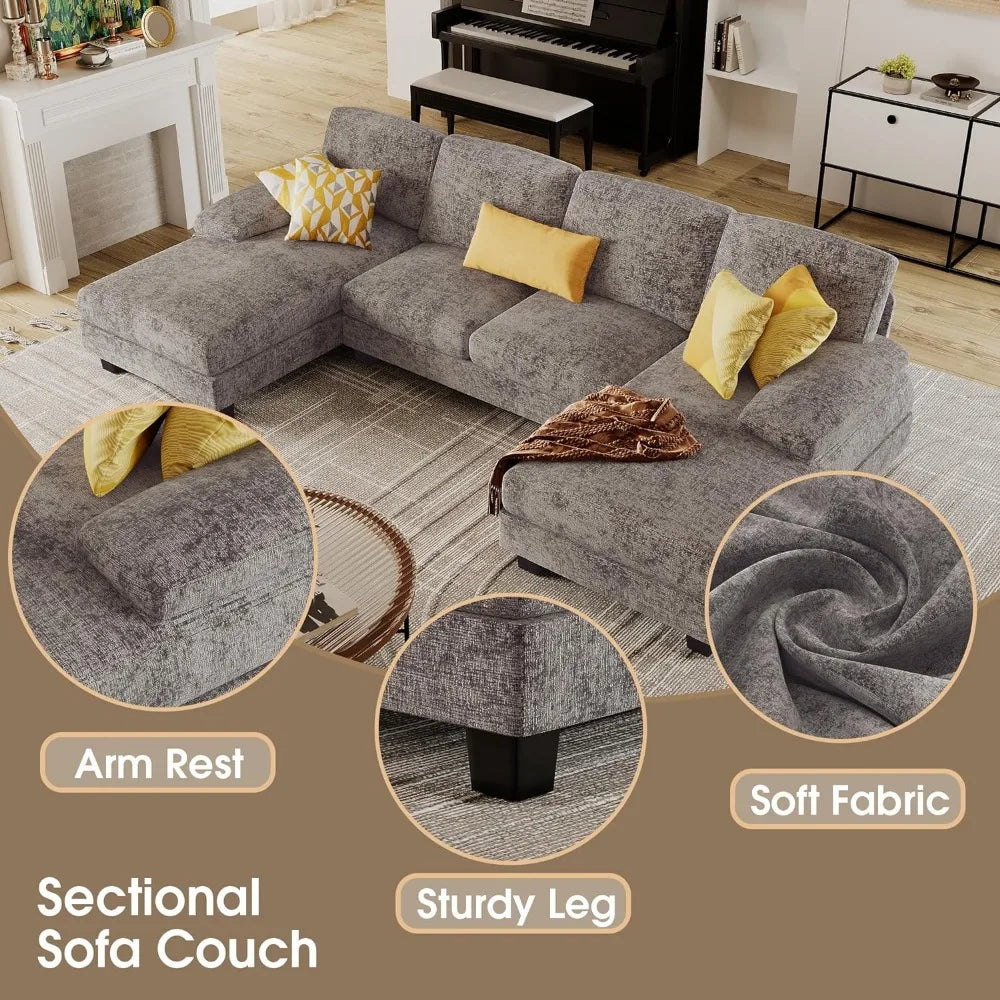 Furmax Sectional Couches for Living Room, U-Shaped Sofa Couch with Linen Fabric, 4 Seat Sofa Set with Double Chaise for Apartmen