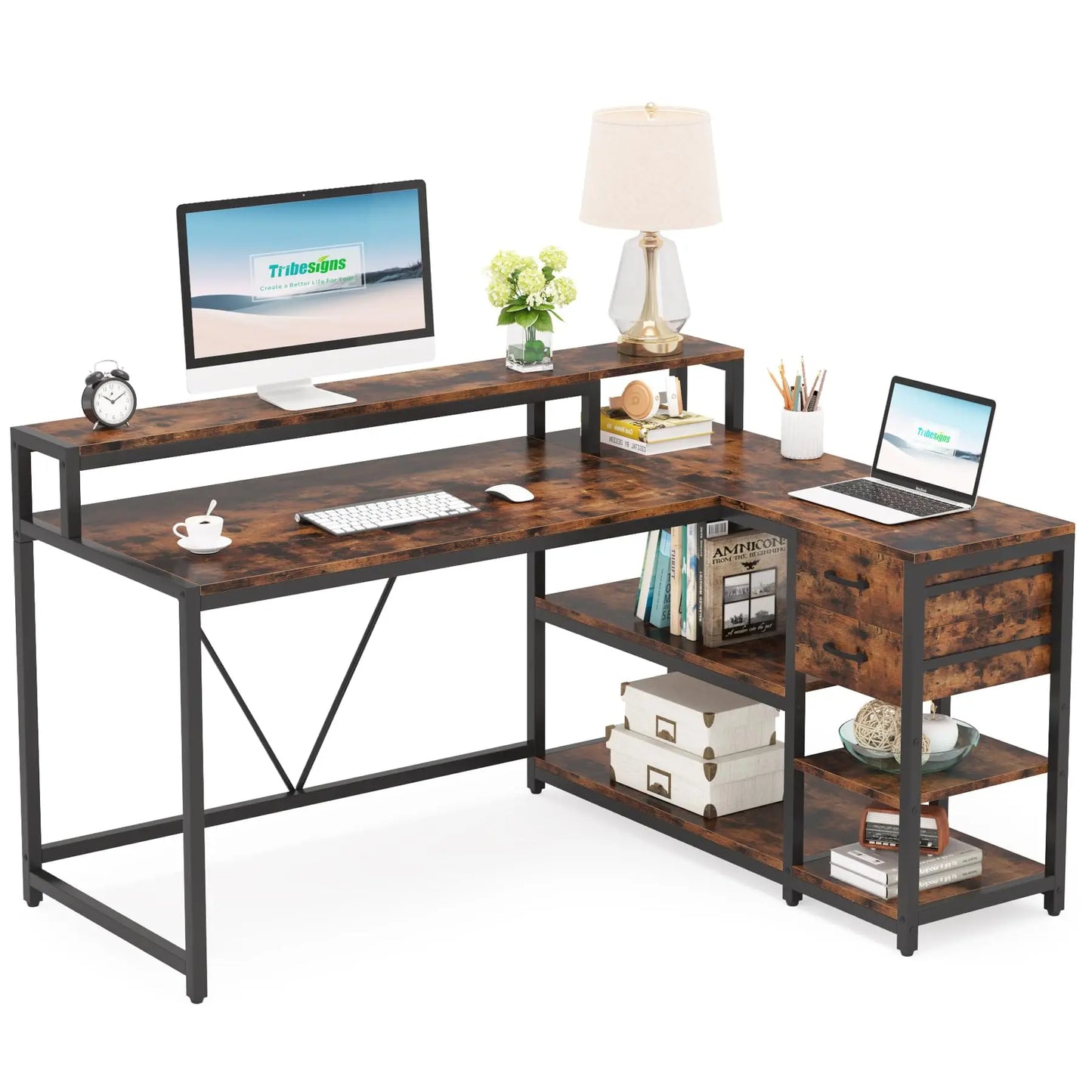 Tribesigns Reversible L Shaped Desk with Drawer, Industrial Corner Desk Home Office Table with Shelves and Monitor Stand