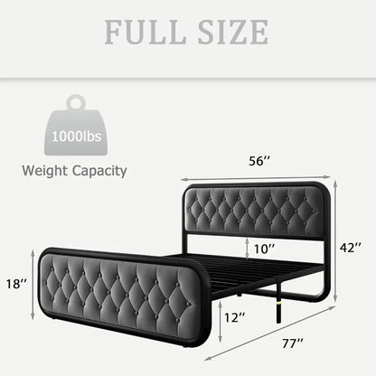 Metal Bed Frame, Button Tufted Headboard, Heavy Duty Platform Bed Frame, Thickened Metal Steel Slat Support