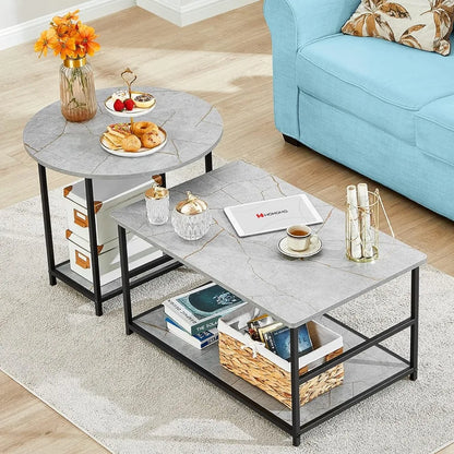 WOHOMO Coffee Table, Modern Style Coffee Tables for Living Room Marble Center Table with Storage 2 in 1Detachable Table Set