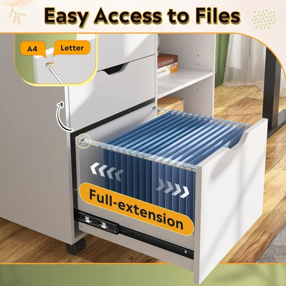 Classeur à 3 tiroirs, classeur latéral mobile, support d'imprimante avec étagères de rangement ouvertes, classeur