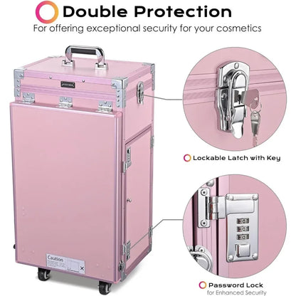 Rolling Manicure Table Foldable Nail Table Makeup Train Case with Desk Cosmetic Trolley Travel Storage Organizer with Speaker.