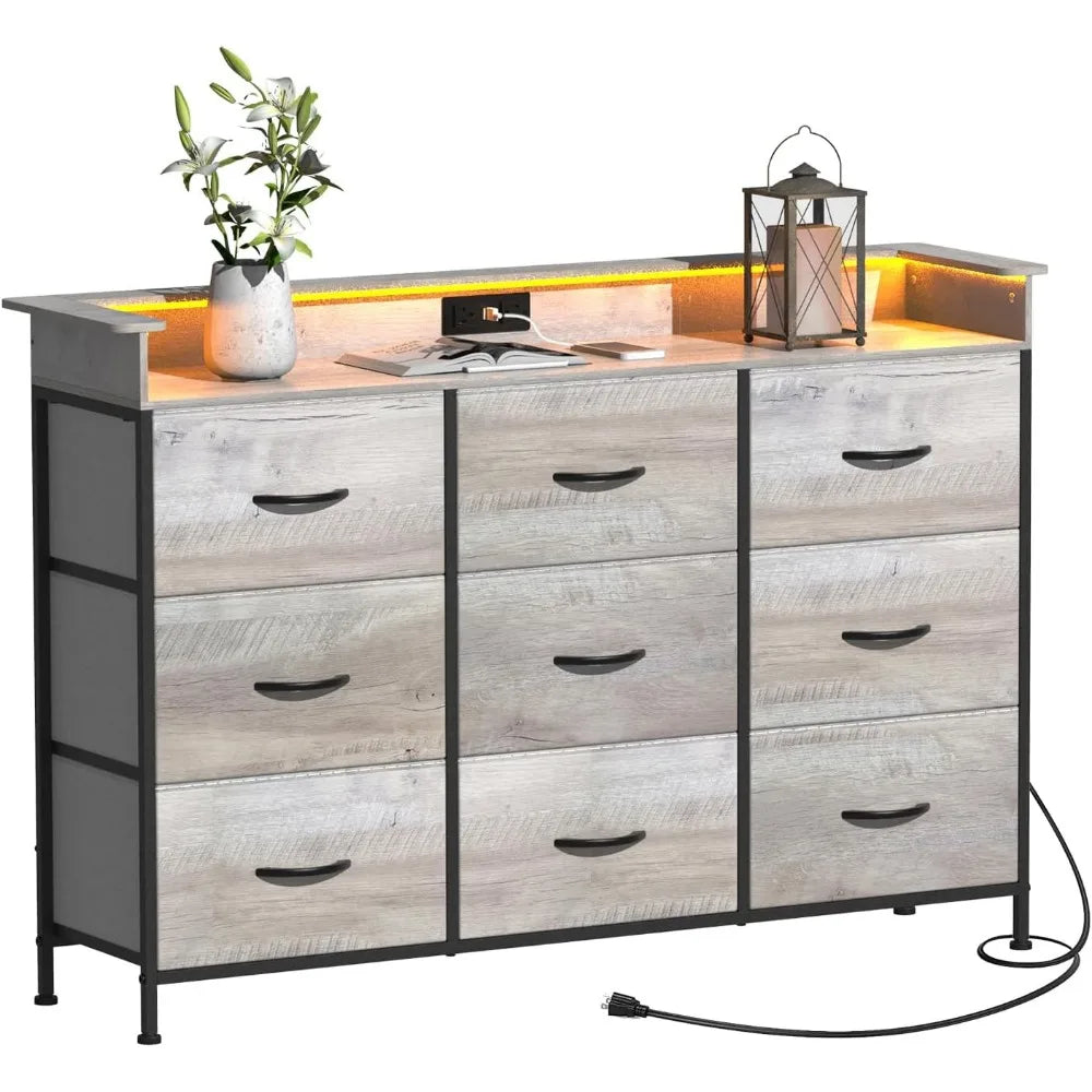 White Dresser with LED Light for Bedroom 9 Drawer Dressers with Charging Station Chests of Drawers Steel Frame Wooden Top