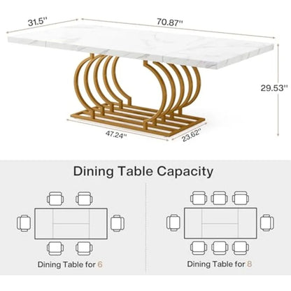 Table à manger de 71 po pour 6 personnes, table de salle à manger blanche moderne avec plateau en faux marbre, table de cuisine avec cadre géométrique