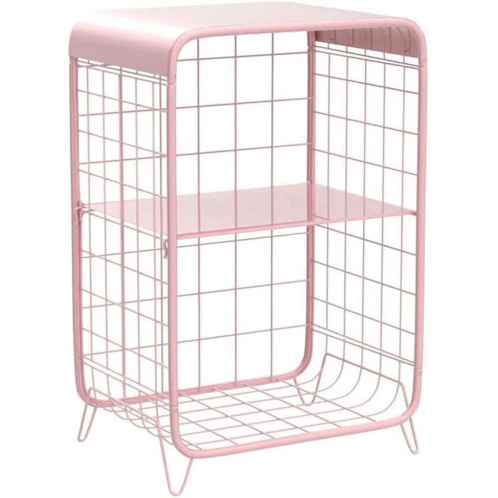 Cute Pink Nightstand,Metal Side Table,3 Tier End Table with Storage,Vintage Bedside Table,Girls Bedroom Furniture