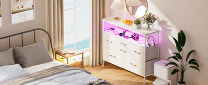 Dresser for Bedroom TV Stand with Power Outlets and LED Light, 6 Drawers Dresser with Side Pockets & Hooks