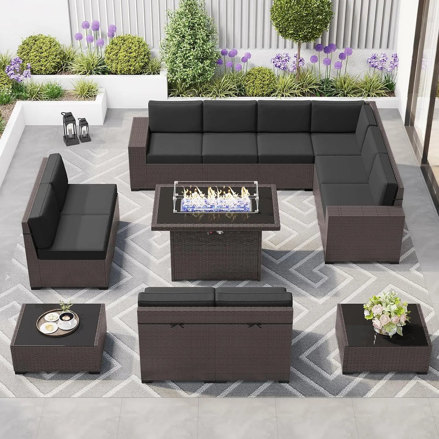 Juego de muebles de patio de 8 piezas con mesa para fogata a gas propano de 44", juego de sofá de mimbre y ratán y mesa de centro Rattan Möbel