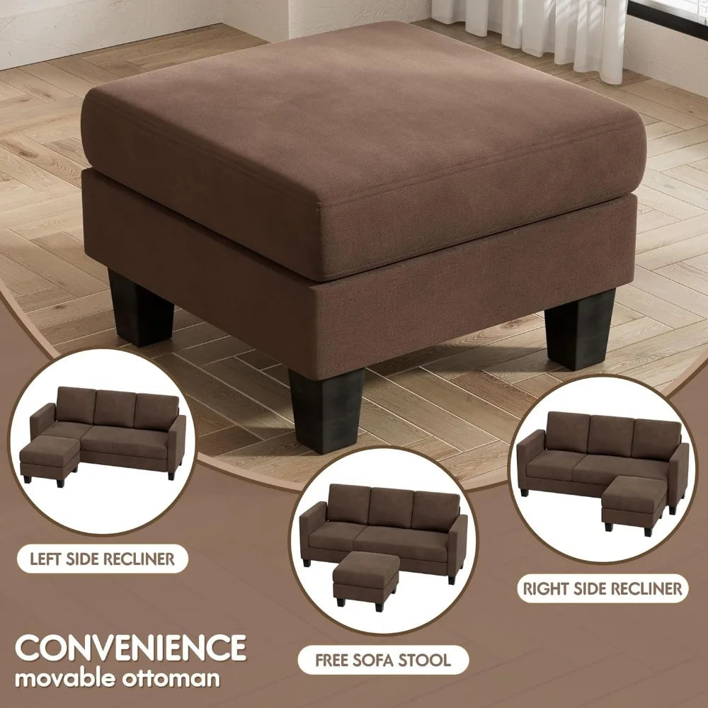 3 Seat L-Shaped Sofa With Linen Fabric Sectional Sofa Couch Movable Ottoman Small Couch for Small Apartments Living Room Home