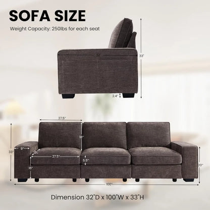 100" Modular Sofa Couch with Seats Storage, Comfy 3-Seater Chenille Fabric Couch for Living Room, Office