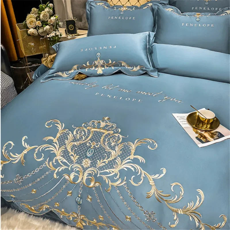 Parure de lit de style européen avec housse de couette double en satin et broderie royale dorée de luxe, draps et taies d'oreiller en pur coton