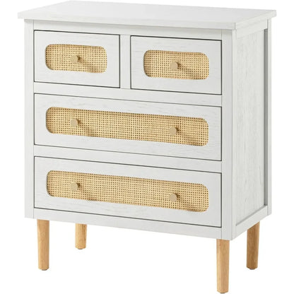 Wicker Rattan 4-Drawer Nightstands, White Finish Wooden Storage Chest of Drawers, Modern Farmhouse Accent Table