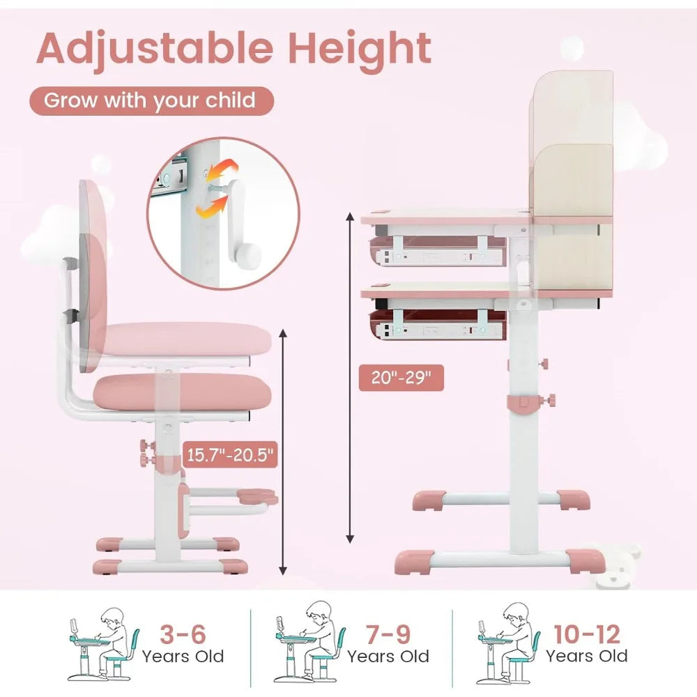 Kids Desk and Chair Set, Height Adjustable Children School Study Table and Chair Set w/Tilt Desktop