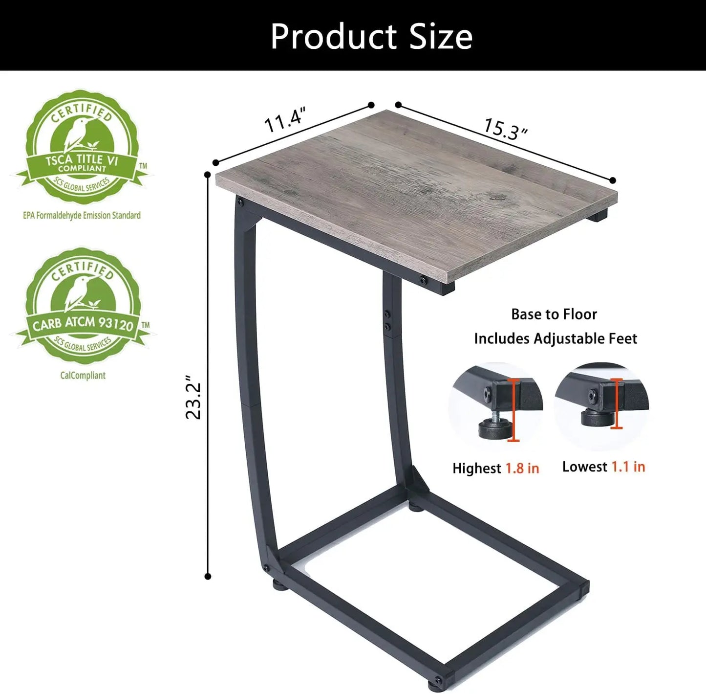 Table d'appoint en forme de C pour 2 personnes, petite table de canapé avec cadre en métal pour salon, chambre à coucher, petits espaces (gris)