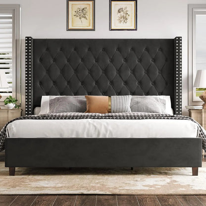 Queen Bed Frame 61.4" Tall Headboard Upholstered Velvet Platform Bed with Handmade Deep Button Tufted